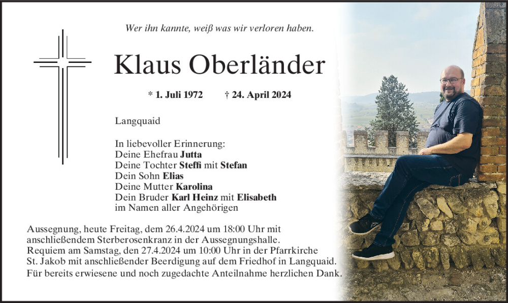  Traueranzeige für Klaus Oberländer vom 26.04.2024 aus Mittelbayerische Zeitung Kelheim