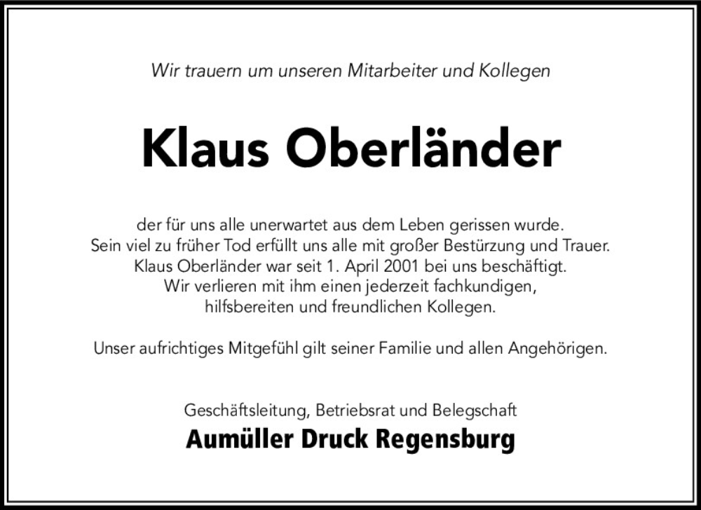  Traueranzeige für Klaus Oberländer vom 27.04.2024 aus Mittelbayerische Zeitung Gesamtausgabe