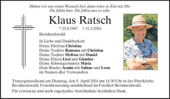 Traueranzeige von Klaus Ratsch von Mittelbayerische Zeitung Regensburg