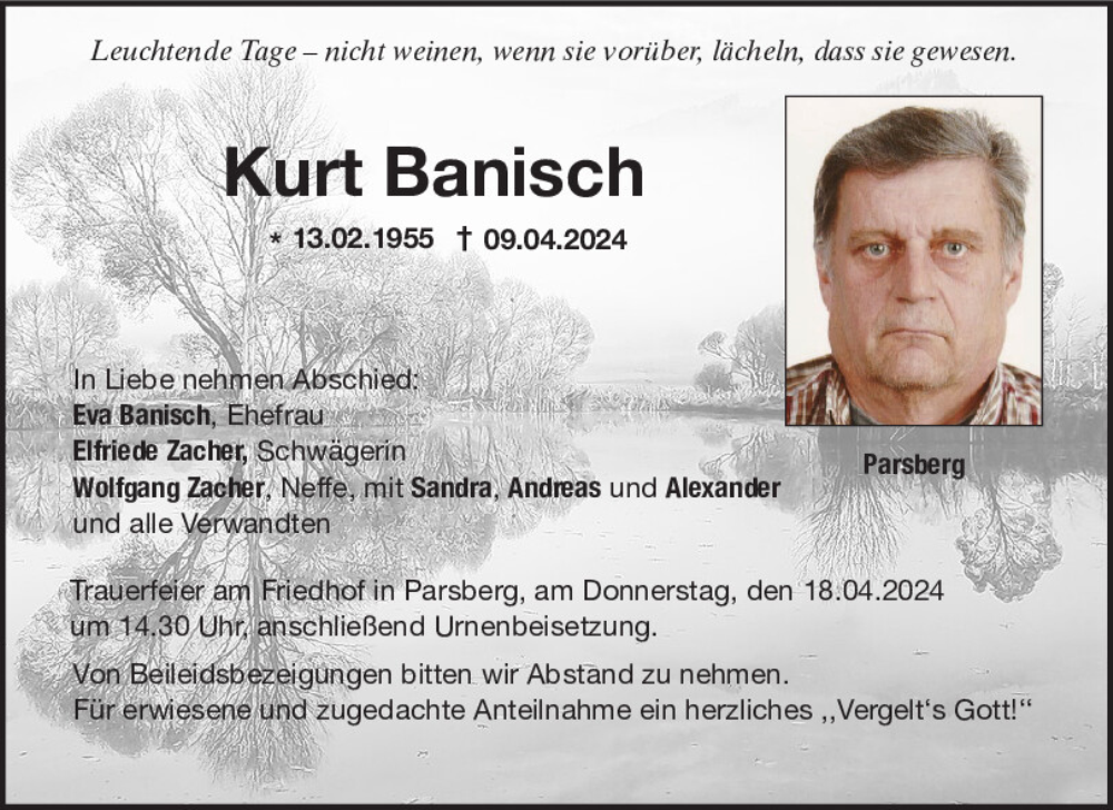  Traueranzeige für Kurt Banisch vom 13.04.2024 aus Neumarkter Tagblatt