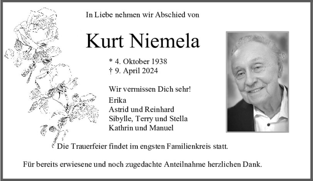  Traueranzeige für Kurt Niemela vom 20.04.2024 aus Mittelbayerische Zeitung Regensburg
