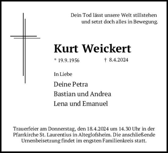 Traueranzeige von Kurt Weickert von Mittelbayerische Zeitung Regensburg
