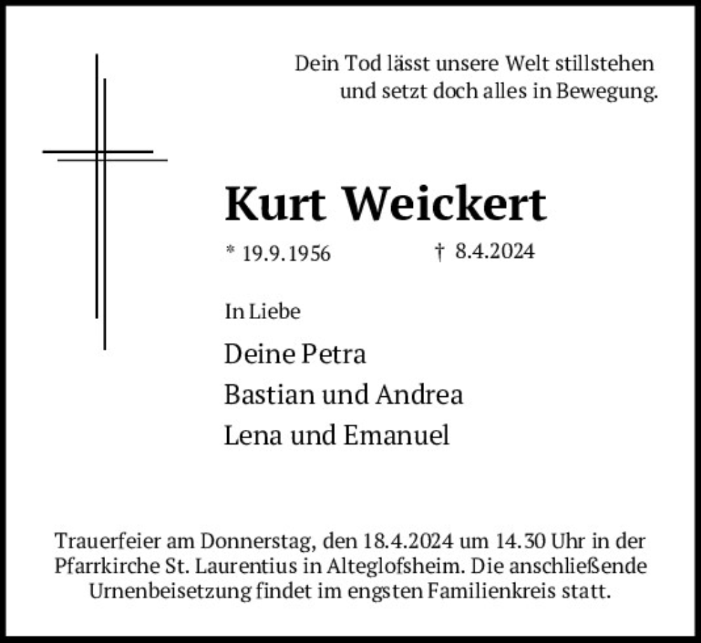  Traueranzeige für Kurt Weickert vom 13.04.2024 aus Mittelbayerische Zeitung Regensburg