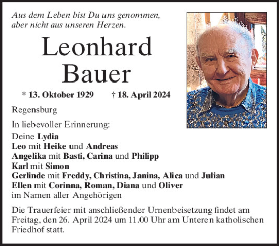 Traueranzeige von Leonhard Bauer von Mittelbayerische Zeitung Regensburg