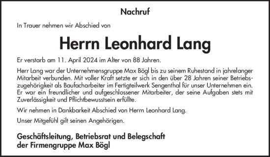 Traueranzeige von Leonhard Lang von Neumarkter Tagblatt