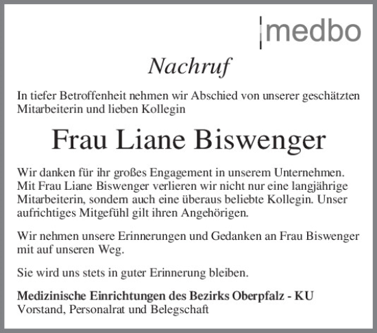 Traueranzeige von Liane Biswenger von Mittelbayerische Zeitung Regensburg