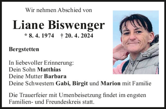 Traueranzeige von Liane Biswenger von Mittelbayerische Zeitung Regensburg