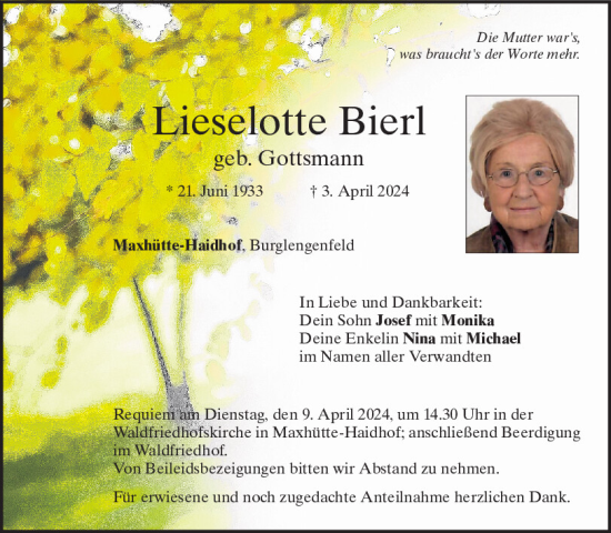 Traueranzeige von Lieselotte Bierl von Mittelbayerische Zeitung Schwandorf
