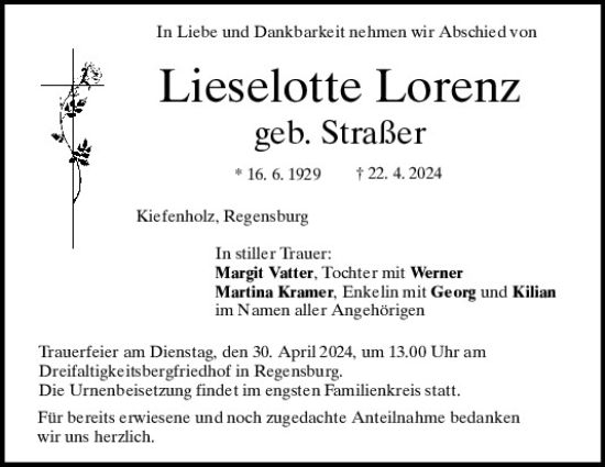 Traueranzeige von Lieselotte Lorenz von Mittelbayerische Zeitung Regensburg