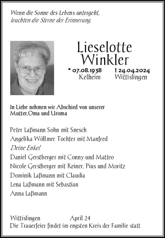 Traueranzeige von Lieselotte Winkler von Mittelbayerische Zeitung Kelheim