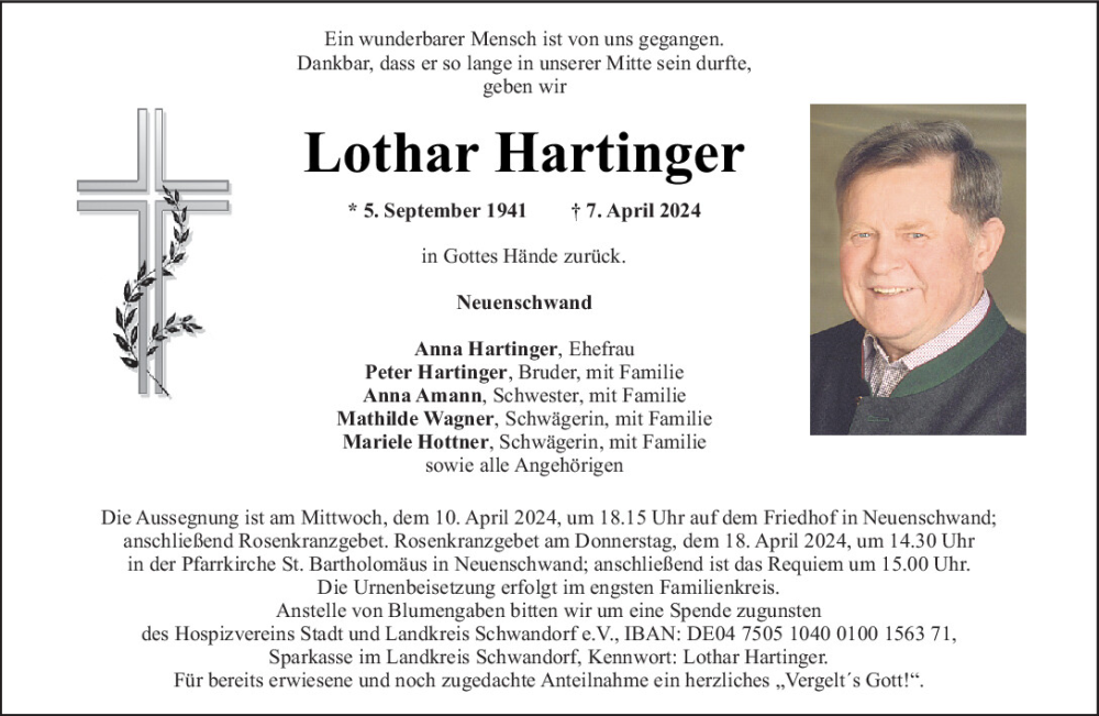 Traueranzeige für Lothar Hartinger vom 09.04.2024 aus Mittelbayerische Zeitung Schwandorf