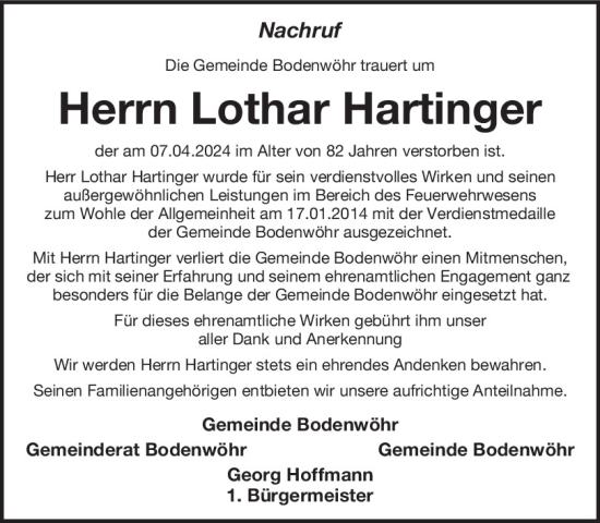 Traueranzeige von Lothar Hartinger von Mittelbayerische Zeitung Schwandorf