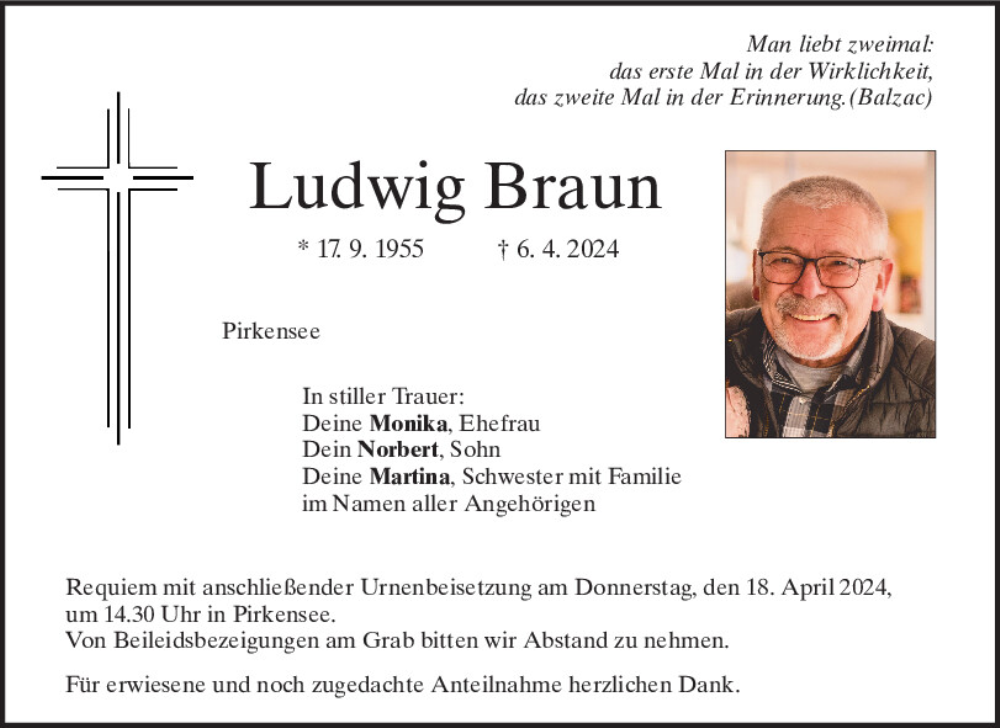  Traueranzeige für Ludwig Braun vom 13.04.2024 aus Mittelbayerische Zeitung Schwandorf