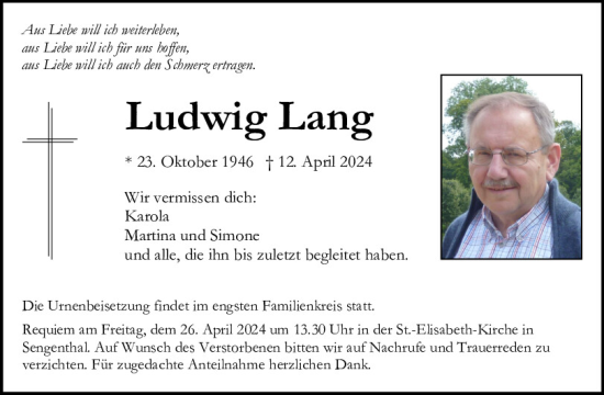 Traueranzeige von Ludwig Lang von Neumarkter Tagblatt