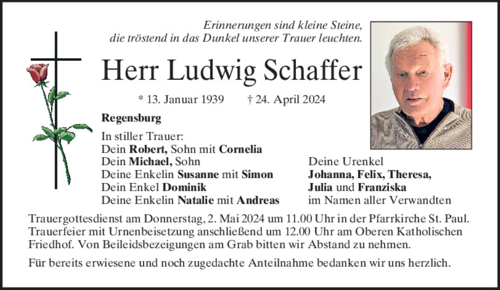  Traueranzeige für Ludwig Schaffer vom 27.04.2024 aus Mittelbayerische Zeitung Regensburg