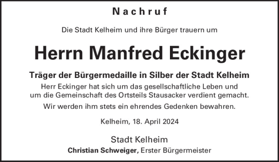 Traueranzeige von Manfred Eckinger von Mittelbayerische Zeitung Kelheim