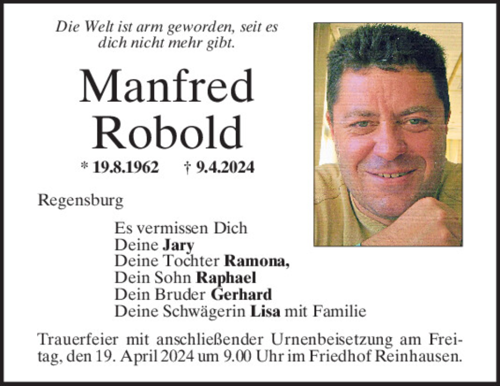  Traueranzeige für Manfred Robold vom 13.04.2024 aus Mittelbayerische Zeitung Regensburg