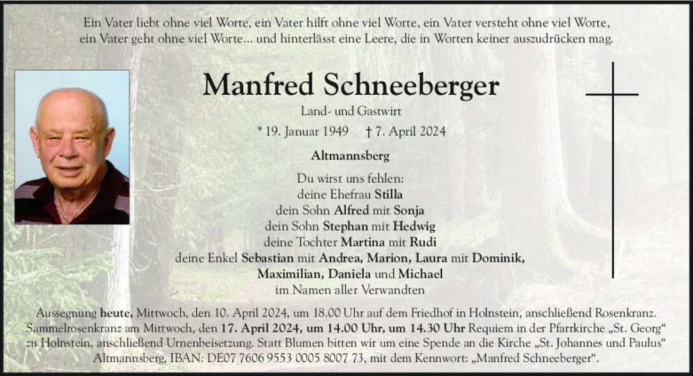  Traueranzeige für Manfred Schneeberger vom 10.04.2024 aus Neumarkter Tagblatt