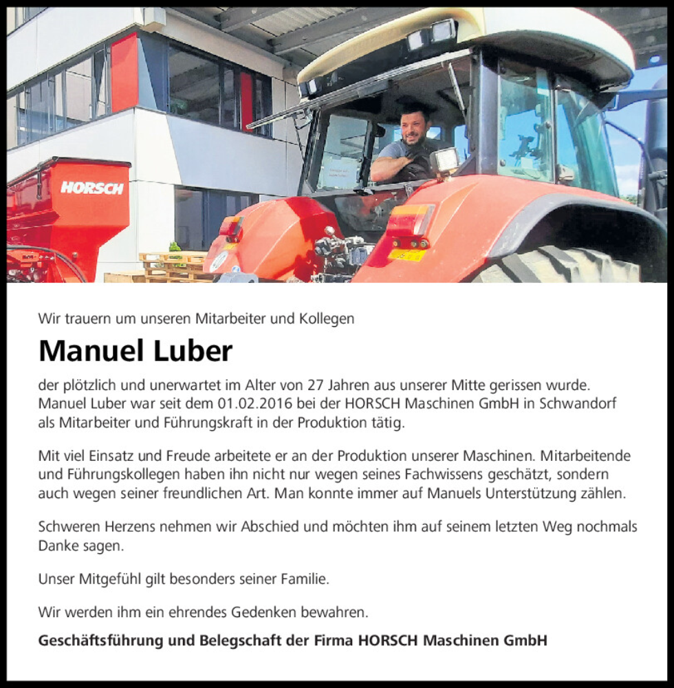  Traueranzeige für Manuel Luber vom 23.04.2024 aus Mittelbayerische Zeitung Schwandorf