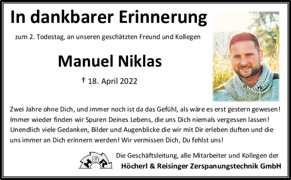  Traueranzeige für Manuel Niklas vom 18.04.2024 aus Bayerwald Echo