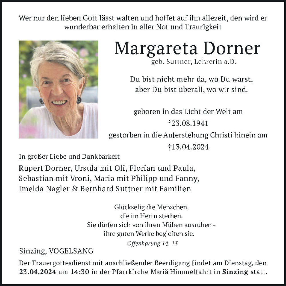  Traueranzeige für Margareta Dorner vom 18.04.2024 aus Mittelbayerische Zeitung Regensburg