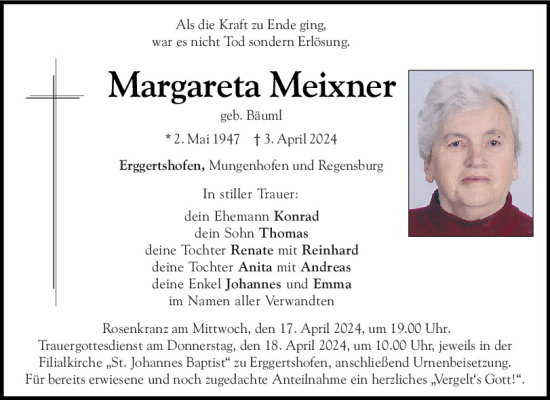 Traueranzeige von Margareta Meixner von Neumarkter Tagblatt