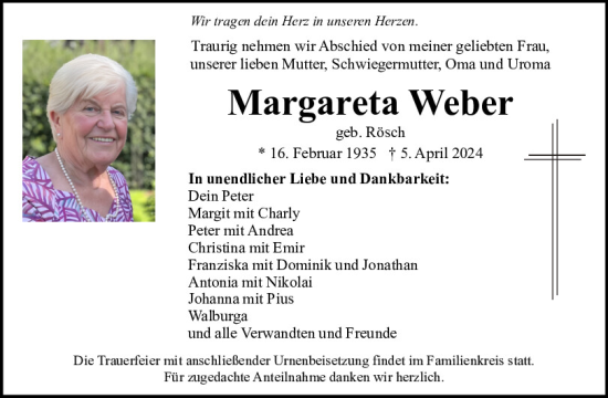 Traueranzeige von Margareta Weber von Neumarkter Tagblatt