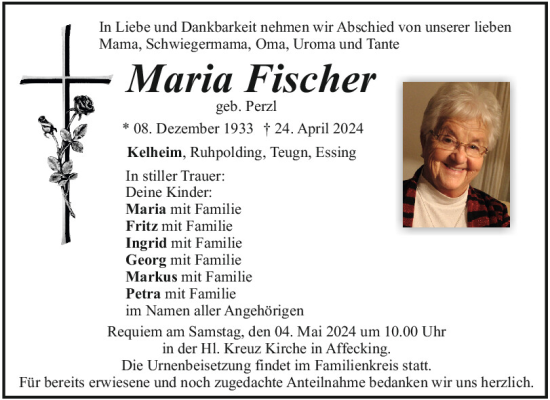Traueranzeige von Maria Fischer von Mittelbayerische Zeitung Kelheim