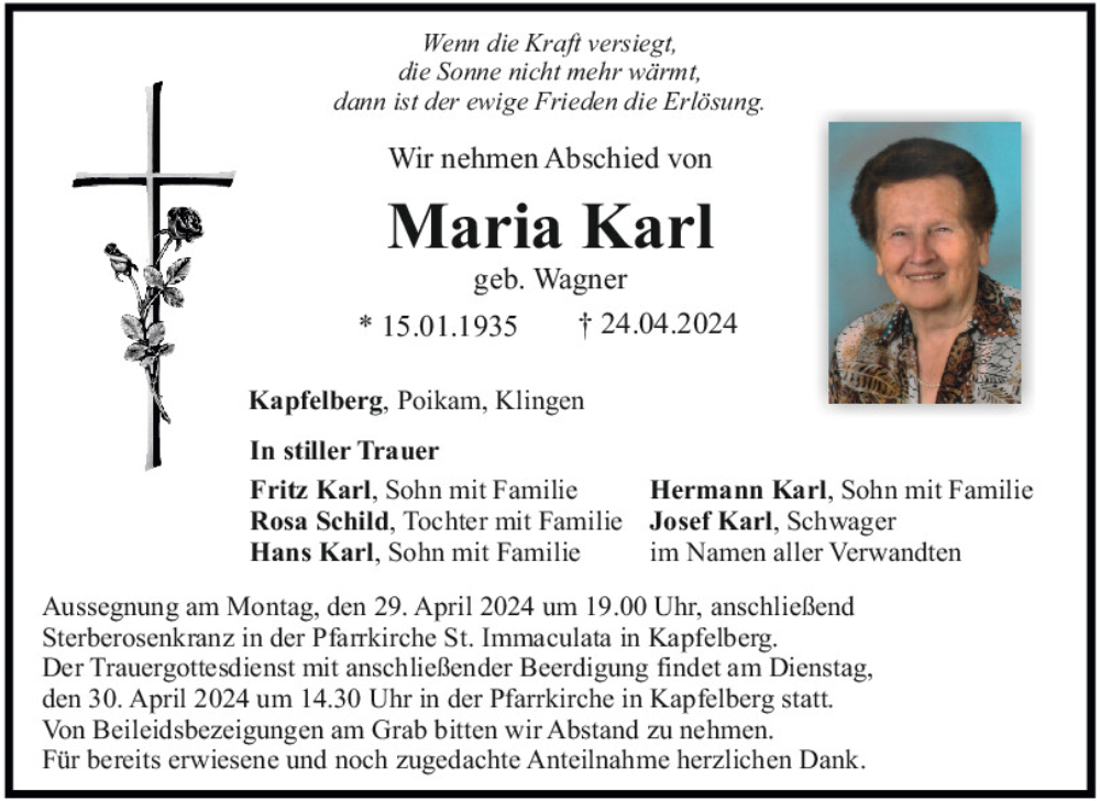  Traueranzeige für Maria Karl vom 27.04.2024 aus Mittelbayerische Zeitung Kelheim