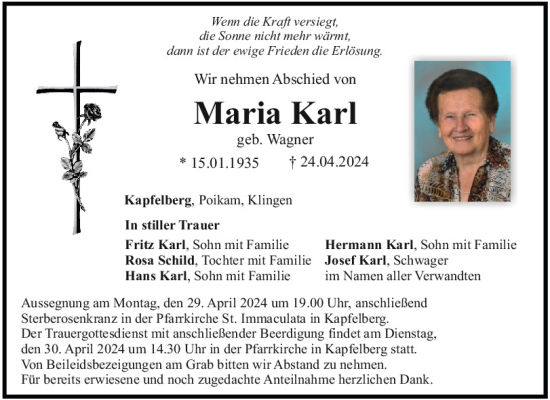 Traueranzeige von Maria Karl von Mittelbayerische Zeitung Kelheim
