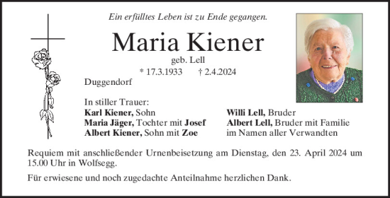 Traueranzeige von Maria Kiener von Mittelbayerische Zeitung Regensburg