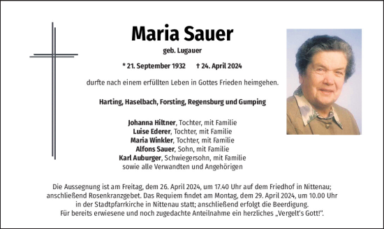 Traueranzeige von Maria Sauer von Mittelbayerische Zeitung Regensburg