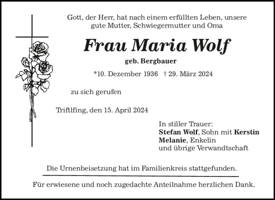 Traueranzeige von Maria Wolf von Mittelbayerische Zeitung Regensburg