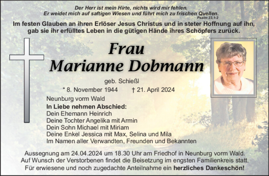 Traueranzeige von Marianne Dobmann von Mittelbayerische Zeitung Schwandorf