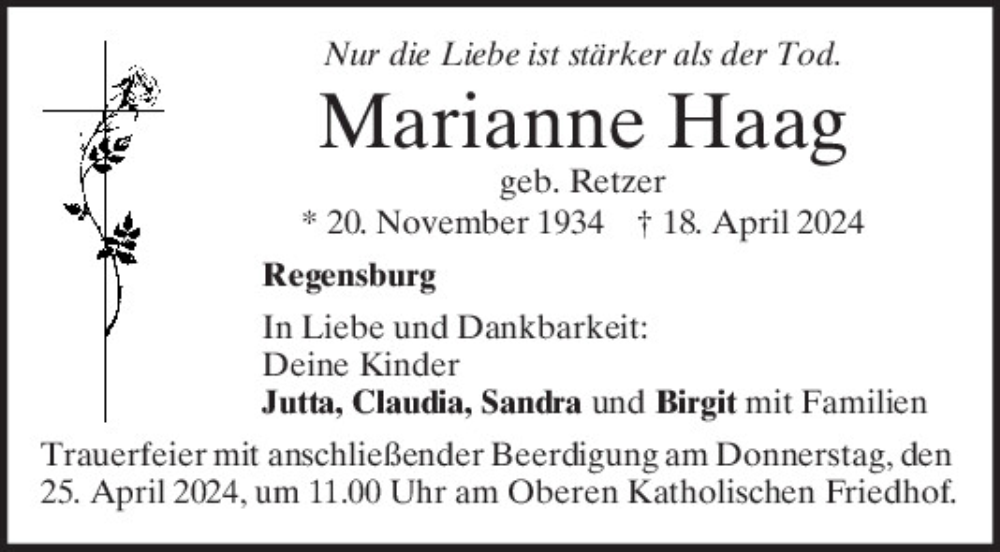  Traueranzeige für Marianne Haag vom 20.04.2024 aus Mittelbayerische Zeitung Regensburg