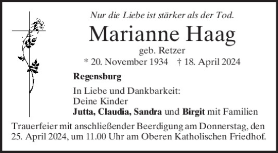 Traueranzeige von Marianne Haag von Mittelbayerische Zeitung Regensburg