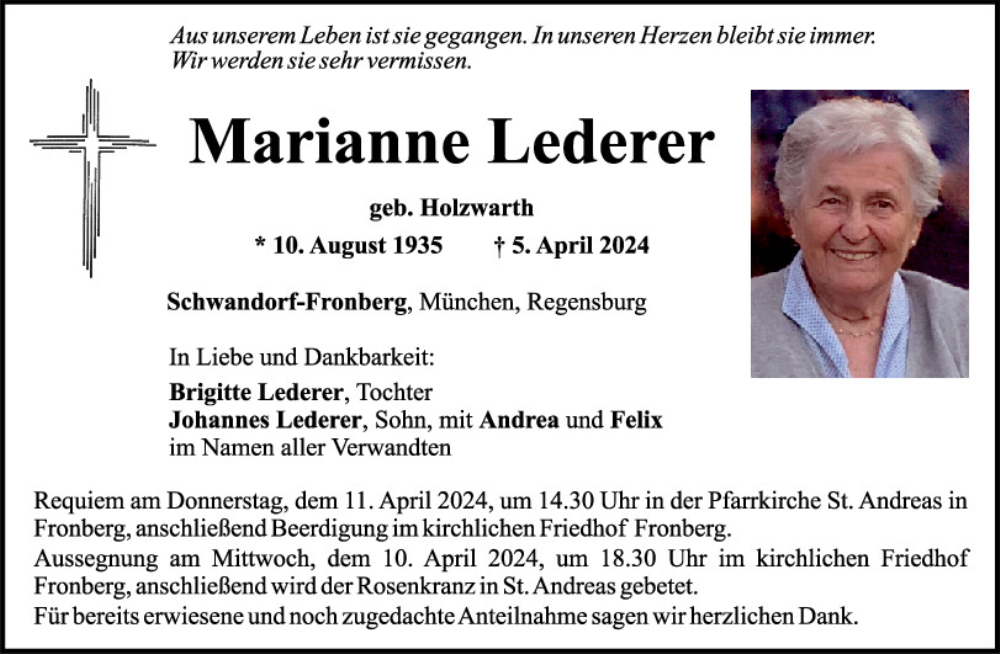  Traueranzeige für Marianne Lederer vom 09.04.2024 aus Mittelbayerische Zeitung Schwandorf