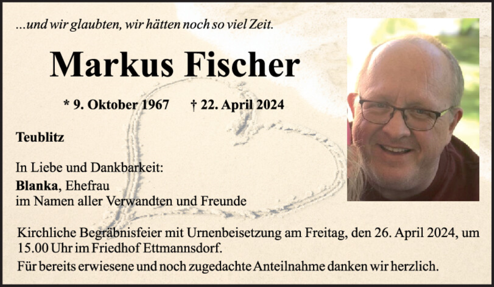  Traueranzeige für Markus Fischer vom 25.04.2024 aus Mittelbayerische Zeitung Schwandorf