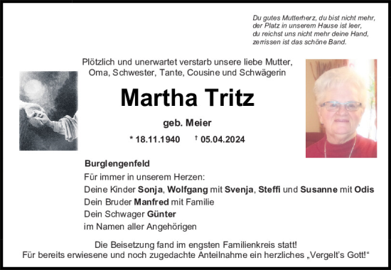 Traueranzeige von Martha Tritz von Mittelbayerische Zeitung Schwandorf