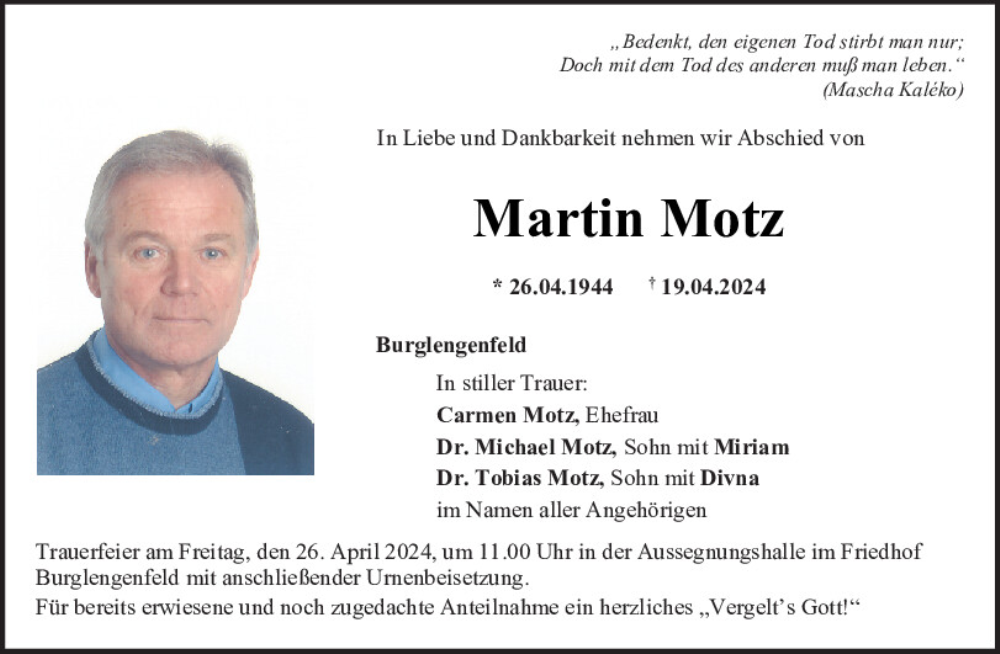  Traueranzeige für Martin Motz vom 23.04.2024 aus Mittelbayerische Zeitung Schwandorf