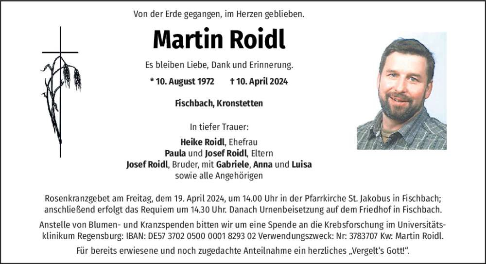  Traueranzeige für Martin Roidl vom 13.04.2024 aus Mittelbayerische Zeitung Regensburg