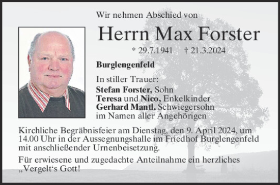 Traueranzeige von Max Forster von Mittelbayerische Zeitung Schwandorf