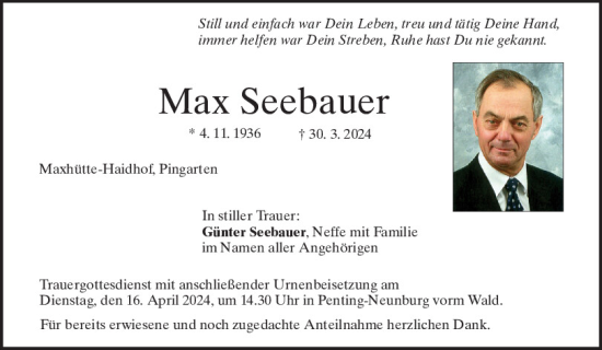 Traueranzeige von Max Seebauer von Mittelbayerische Zeitung Schwandorf