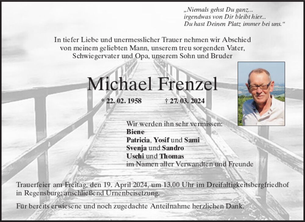  Traueranzeige für Michael Frenzel vom 13.04.2024 aus Mittelbayerische Zeitung Regensburg