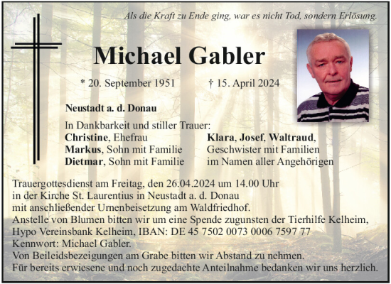 Traueranzeige von Michael Gabler von Mittelbayerische Zeitung Kelheim