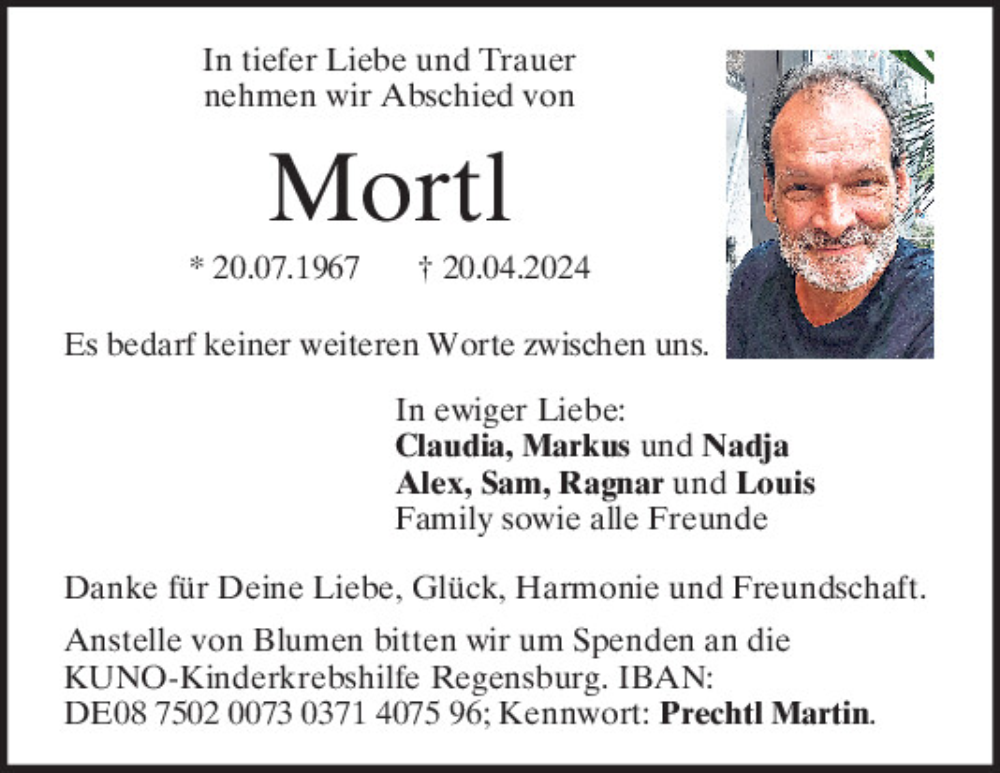  Traueranzeige für Mortl  vom 27.04.2024 aus Mittelbayerische Zeitung Regensburg