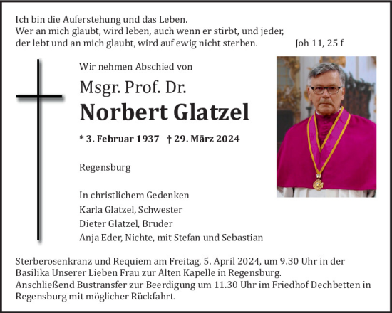 Traueranzeige von Norbert Glatzel von Mittelbayerische Zeitung Regensburg