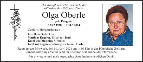 Traueranzeige von Olga Oberle von Mittelbayerische Zeitung Regensburg
