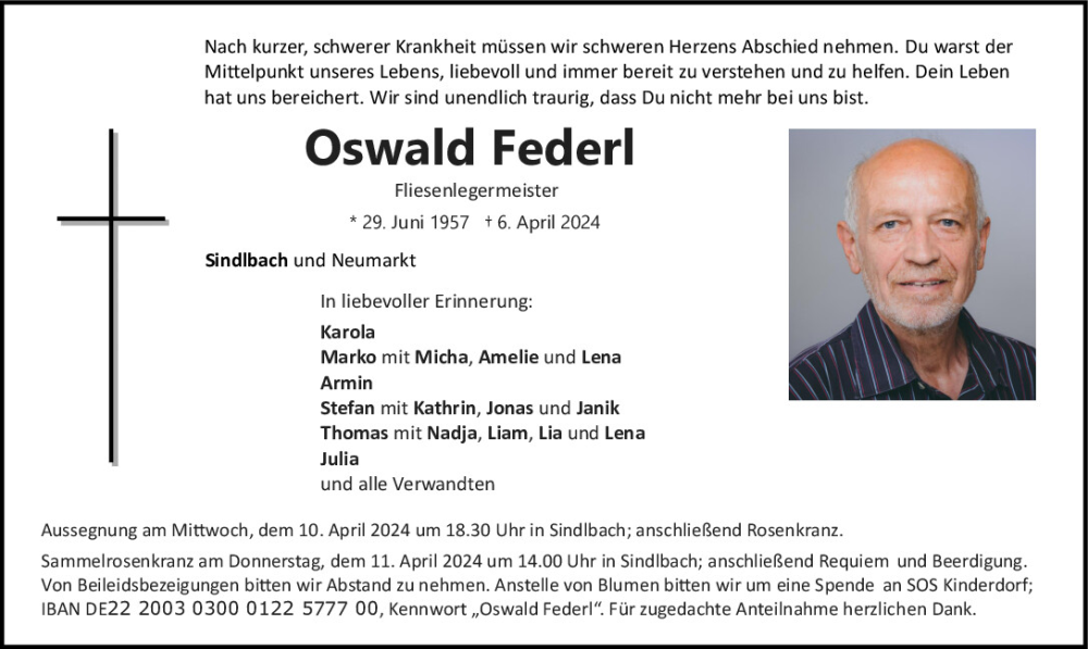  Traueranzeige für Oswald Federl vom 09.04.2024 aus Neumarkter Tagblatt