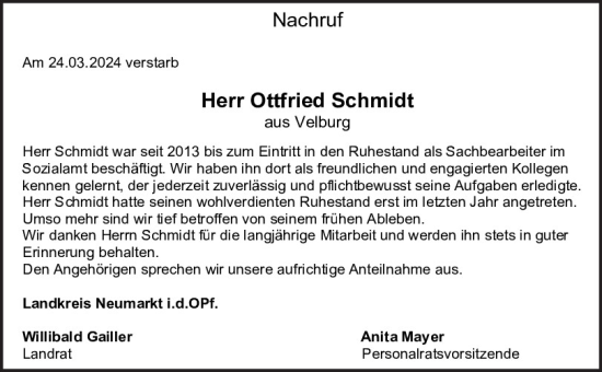 Traueranzeige von Ottfried Schmidt von Neumarkter Tagblatt
